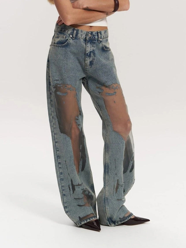 Trixie – Denim Bukser med Gennemsigtige Detaljer