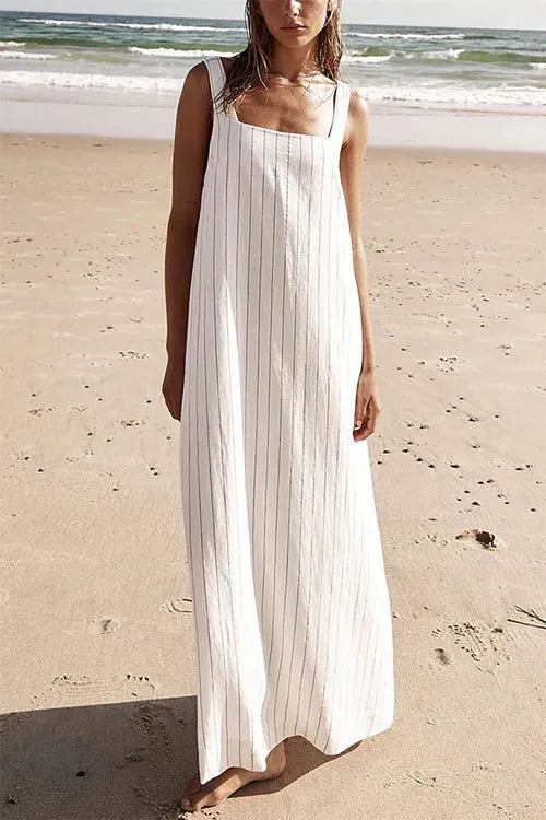 Square Collar Striped Maxi Cami Beach Dress