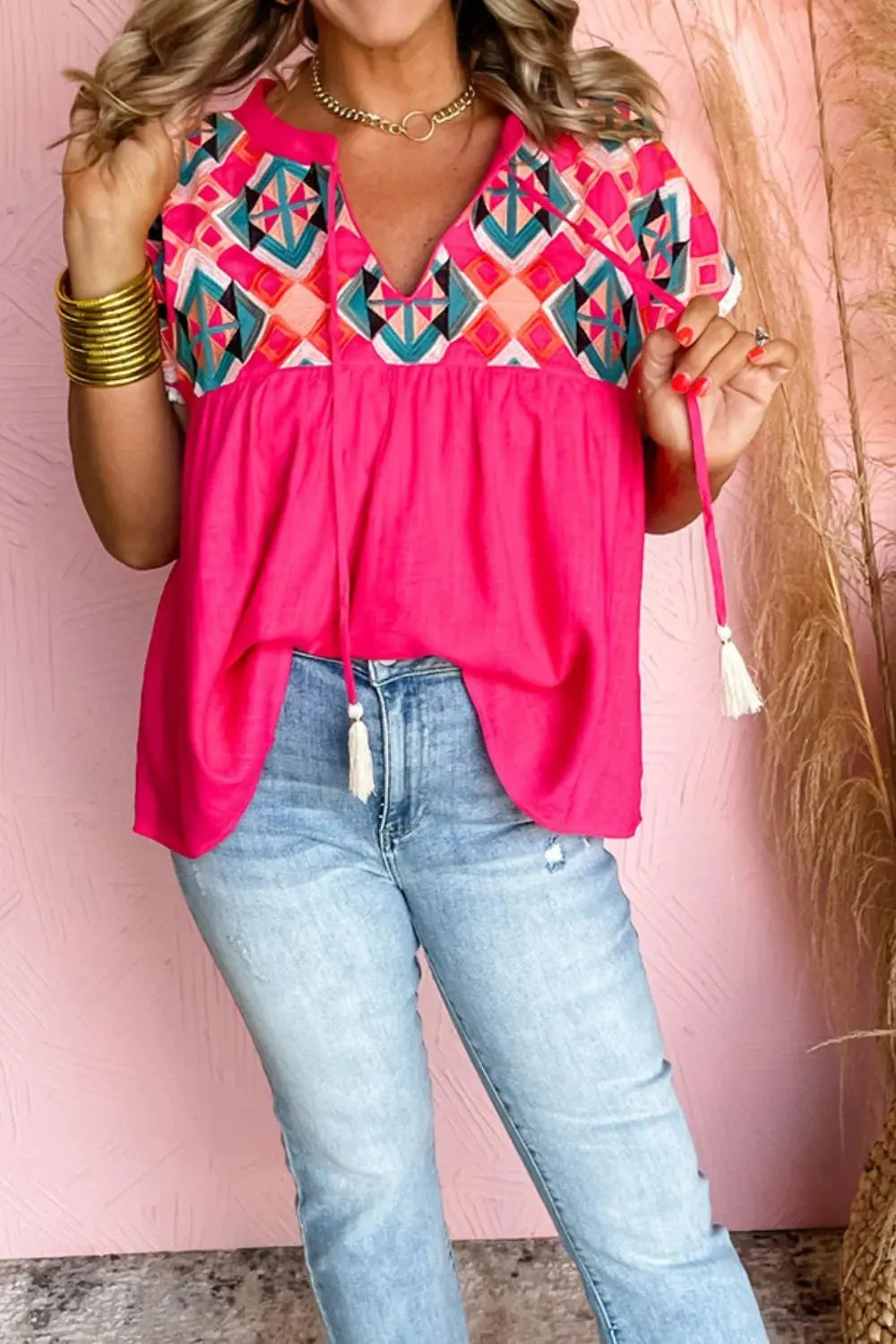 Geometric Embroidered Tassel Tie Neck Blouse