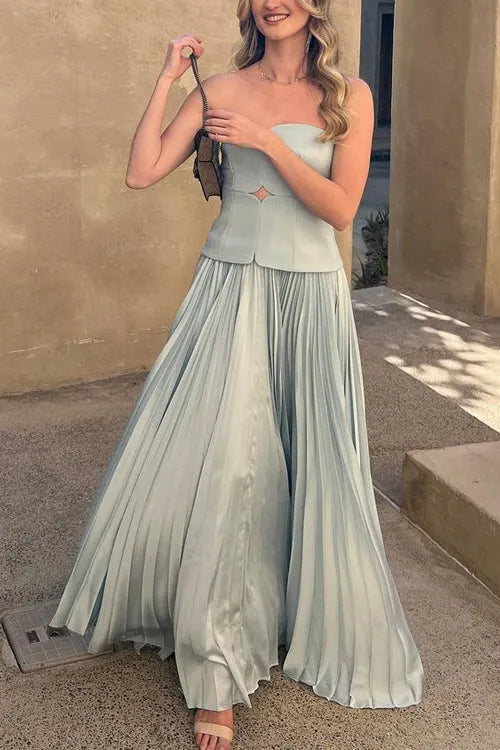 Strapless Tube Cut Out Pleated Maxi Swing Dress