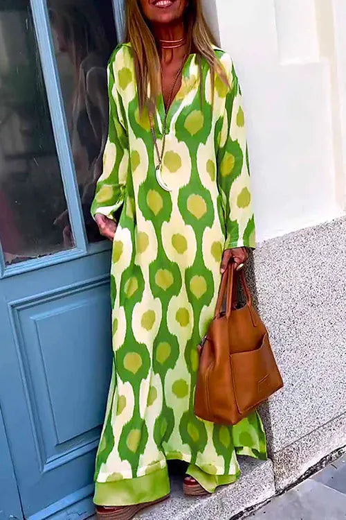 V Neck Side Split Printed Maxi Holiday Dress