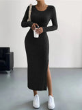 MAREN | Winter Gebreide Midi-Jurk Met Lange Mouwen & Zijsplit – Warm, Stijlvol & Flatterend