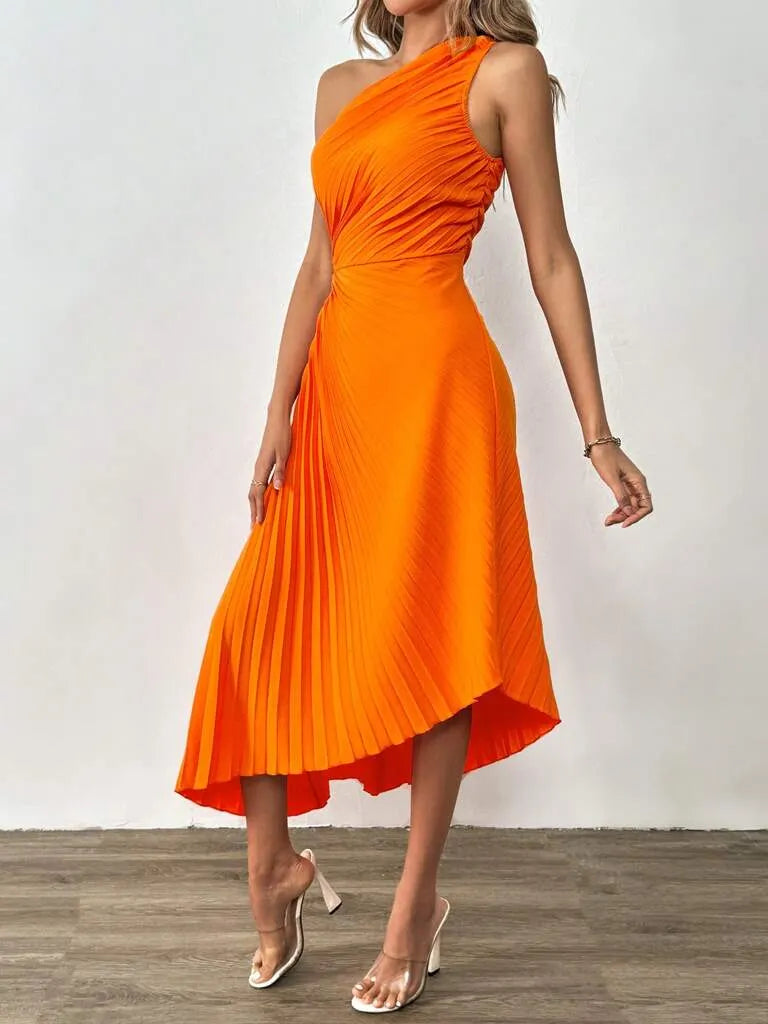 Vestido Midi Feminino Eleonora Laranja Plissado