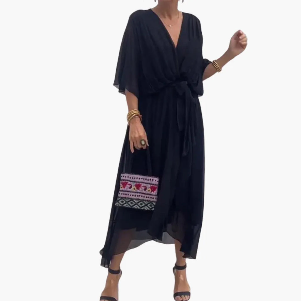 Womenâ€™s Midi Dress with Tie and Sleeves