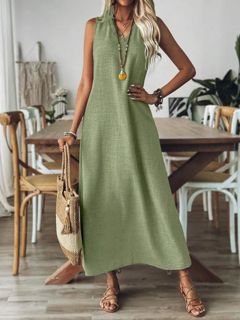 Vestido Longo Mangas com Decote Entalhado Verde