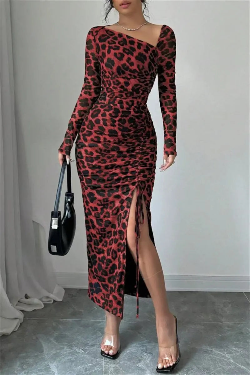 Sexy Casual Leopard Print Draw String Lace Up Slit Oblique Collar Long Sleeve Dresses