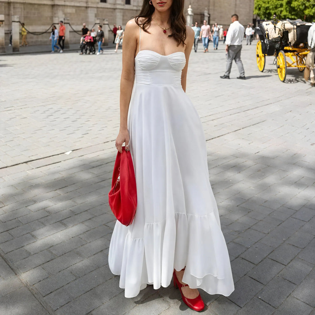Weißes Bustier-Kleid – Gestufter Rock & Spaghettiträger