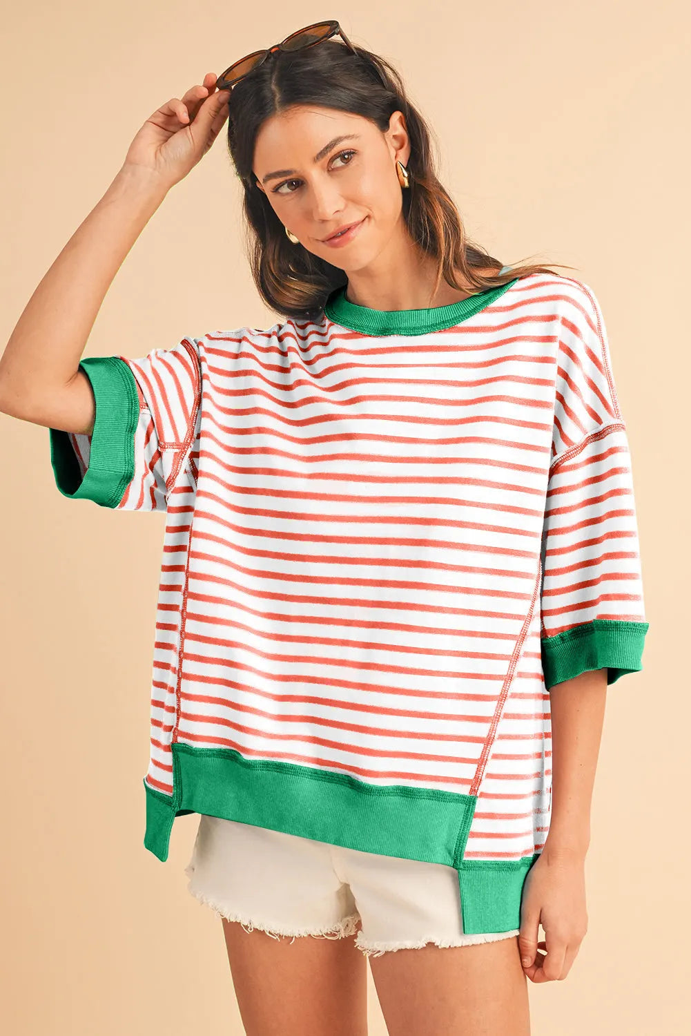 ISA | Gestreept Loose Fit T-Shirt Voor Dames Met Contrast Trim En Wijde Mouwen – Comfortabel, Casual, Stijlvol