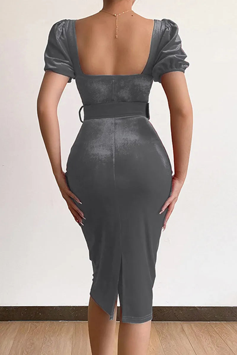 Elegant Solid With Belt Asymmetrical V Neck One Step Skirt Dresses