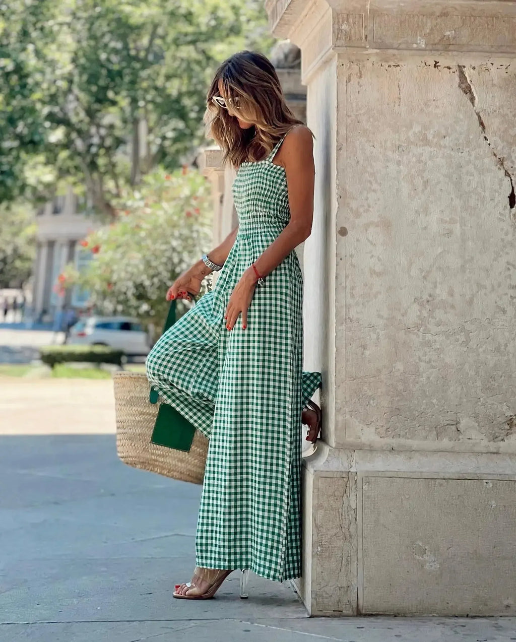 Gingham Jumpsuit mit weitem Bein