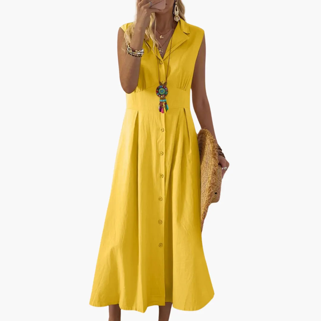Womenâs Midi Dress with Button-Down Front and V-Neck