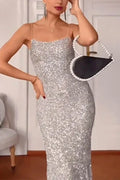 Spaghetti Strap Sequin Bodycon Midi Party Dress