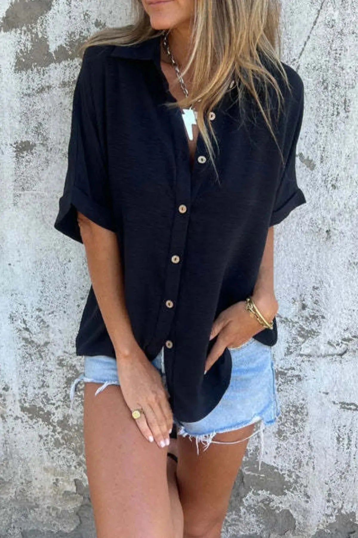 Full Size Casual Button Down Short Sleeve Loose Shirt Plus Size