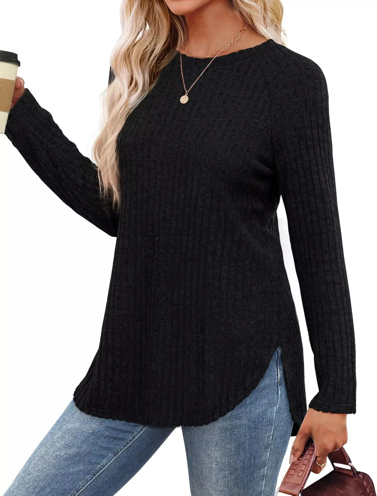 Casual Ribbed Knit Long Sleeve T-Shirt
