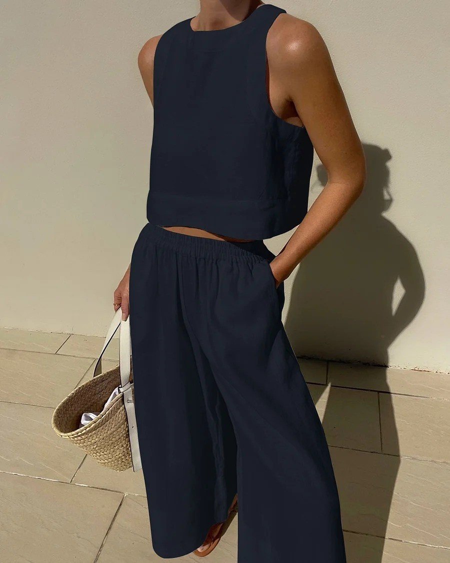 Women'S Casual Solid Color Cotton And Linen Two-Piece Suit