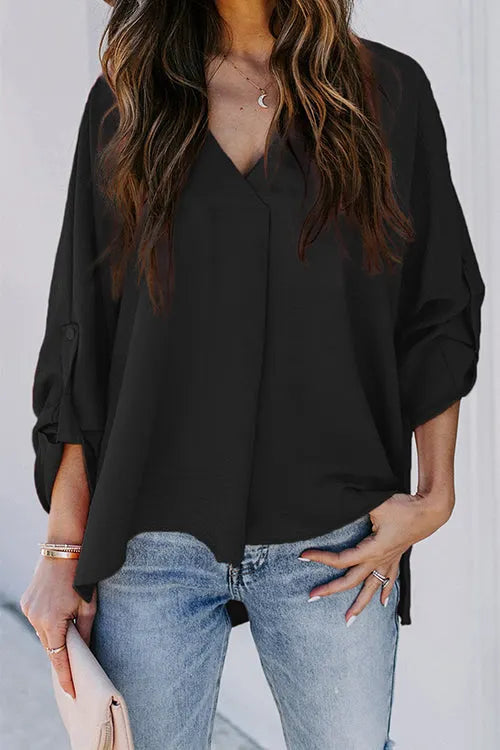 V Neck Roll Up Long Sleeves Blouse Shirt