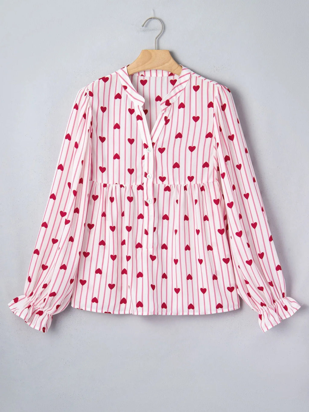 Stripe Textured Heart Print Long Flounce Sleeve Shirt