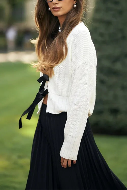 V Neck Bow Tie Front Elegant Sweater