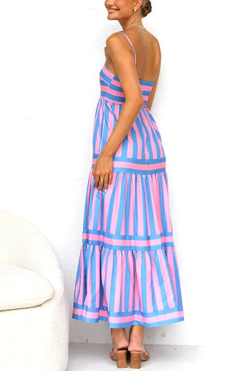 Spaghetti Strap Ruffle Tiered Color Block Striped Maxi Dress