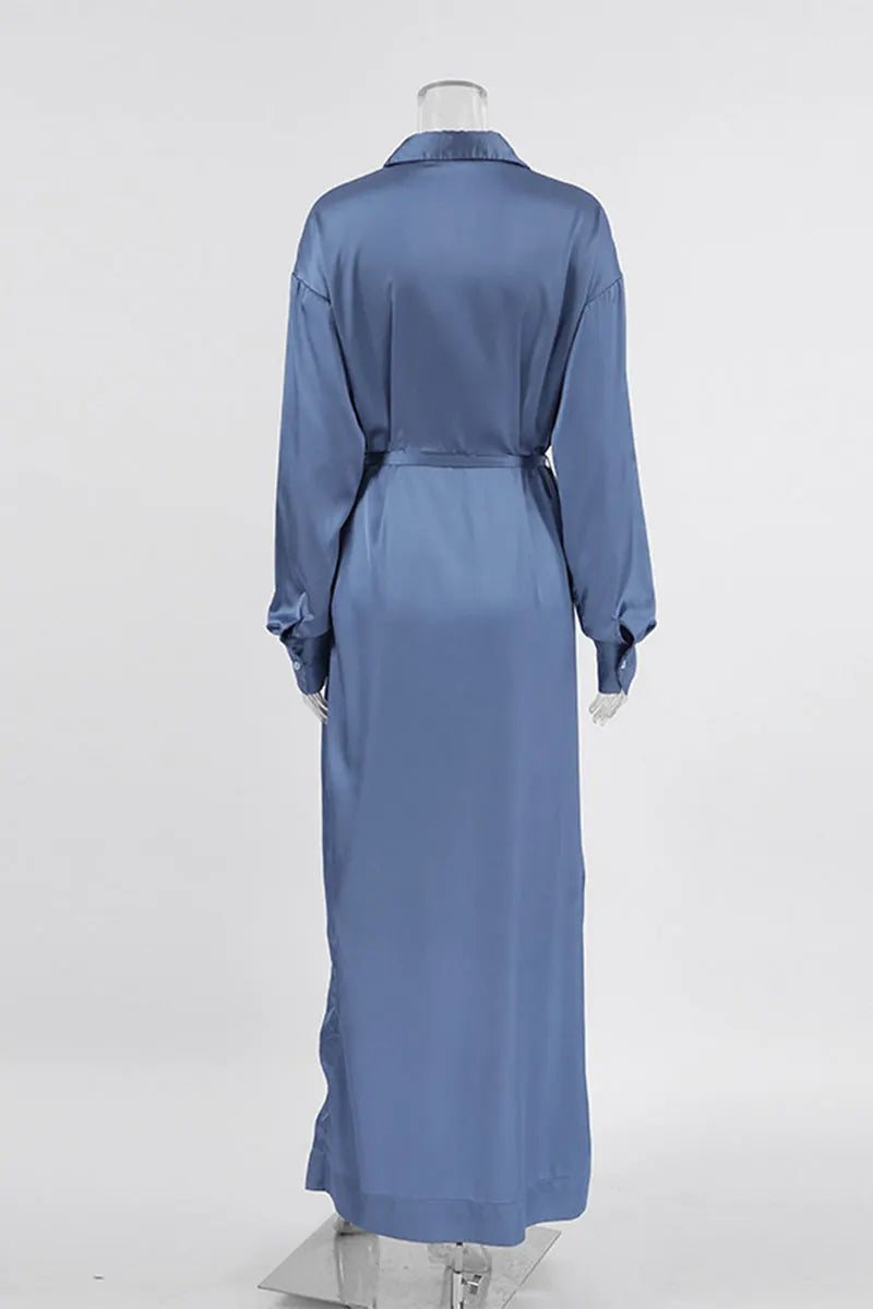 Elegant Lace Up Buckle Adjustable Turndown Collar Shirt Dresses