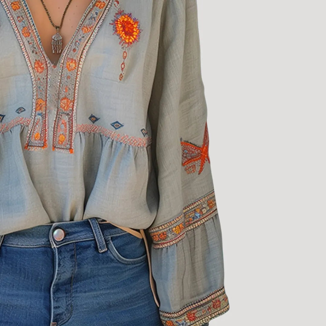Bohemian women's blouse with floral embroidery and V-neck collar