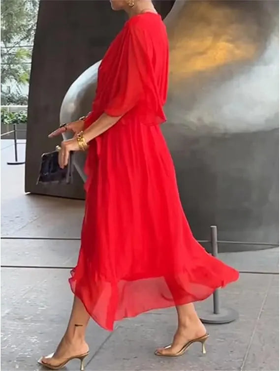 Damen-Chiffonkleid mit V-Ausschnitt, BindegÃ¼rtel und asymmetrischem Saum