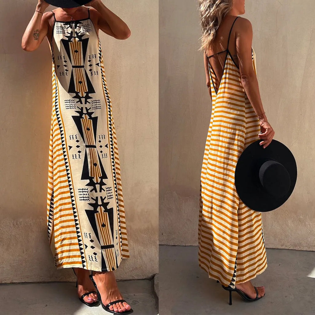 Stripes Splice Backless Ethnic Printed Maxi Cami Dress