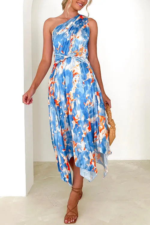 One Shoulder Twist Front Printed Irregular Dress