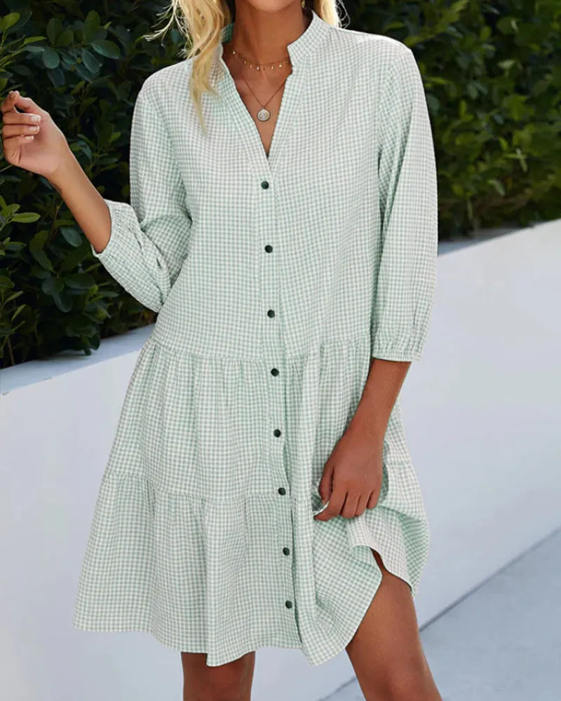 - kariertes A-Linien-Kleid mit Knopfleiste fÃ¼r Damen Ã¤hnelt einem Hemdblusenkleid
