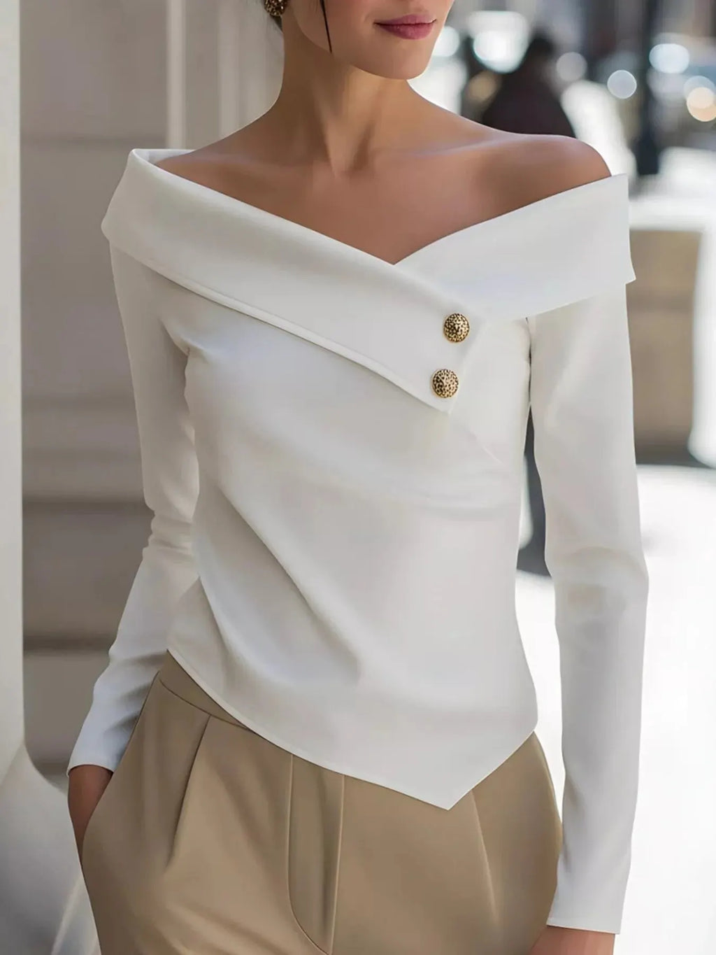 Off-Shoulder Button Decor Blouse