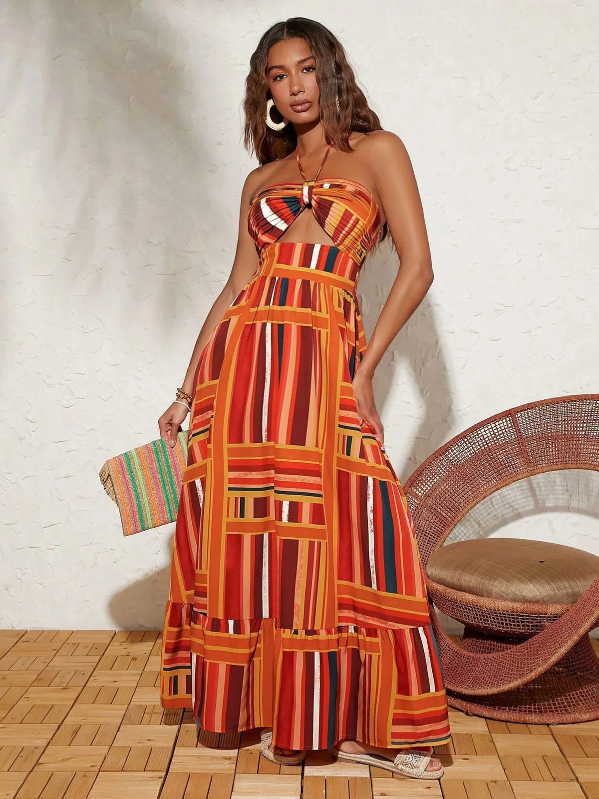 Vestido Longo Isadora Listrado Laranja