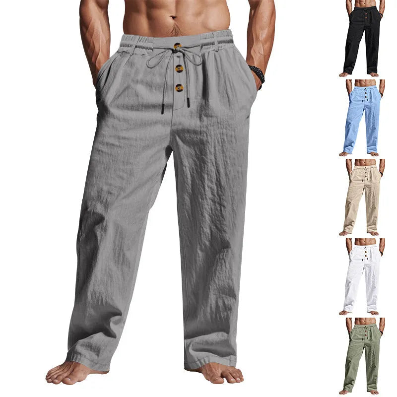 Herren Bequeme Leinenhose mit elastischem Bund und Knopfdetails
