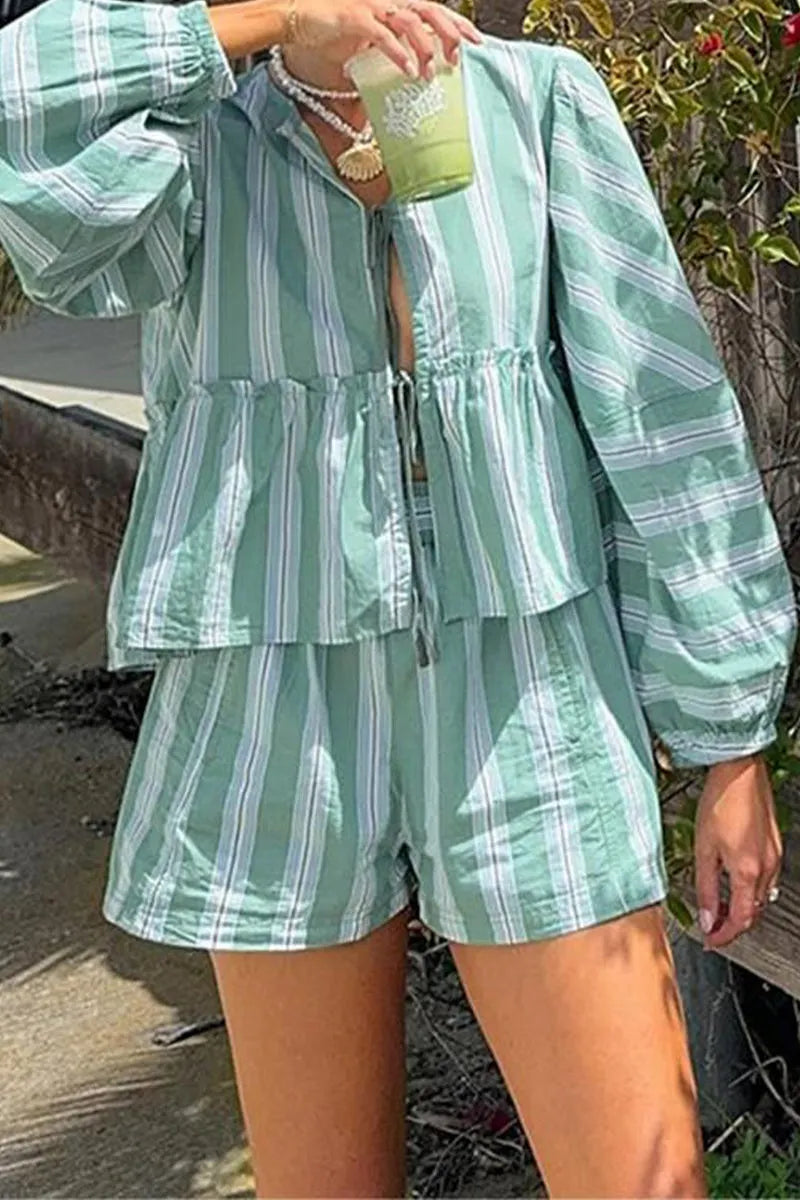 Casual Striped Print Lace Up Contrast V Neck Sleeveless Two Pieces