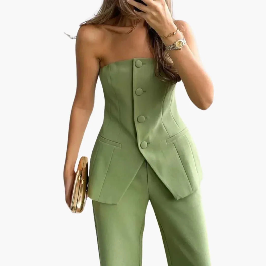 Women's Strapless Two-Piece Co-Ord Set with Strapless Top and Wide-Leg Trousers