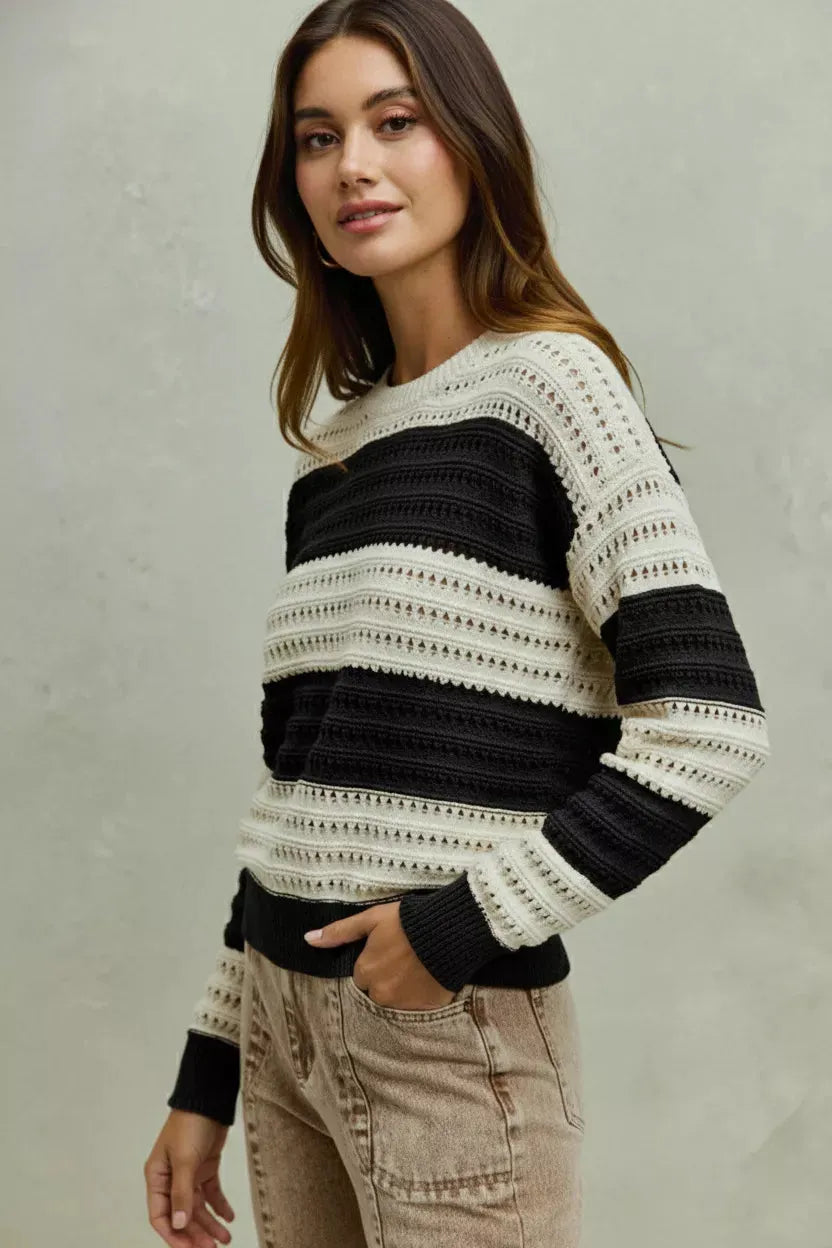 SO ME Openwork Round Neck Wide Stripe Textured Sweater