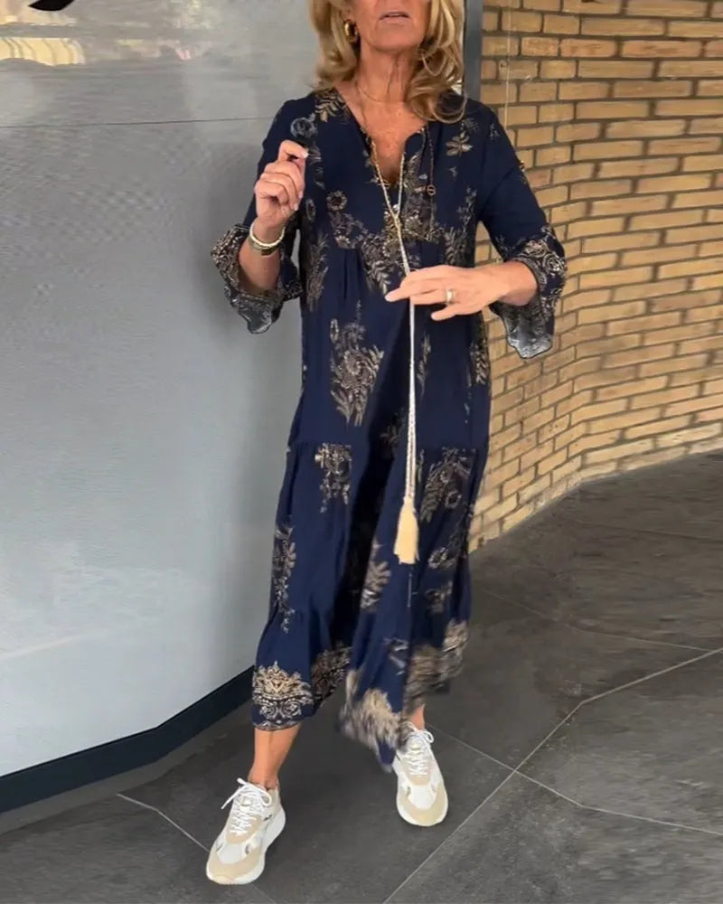 Nerea - Ny Vintage løs V-hals kjole