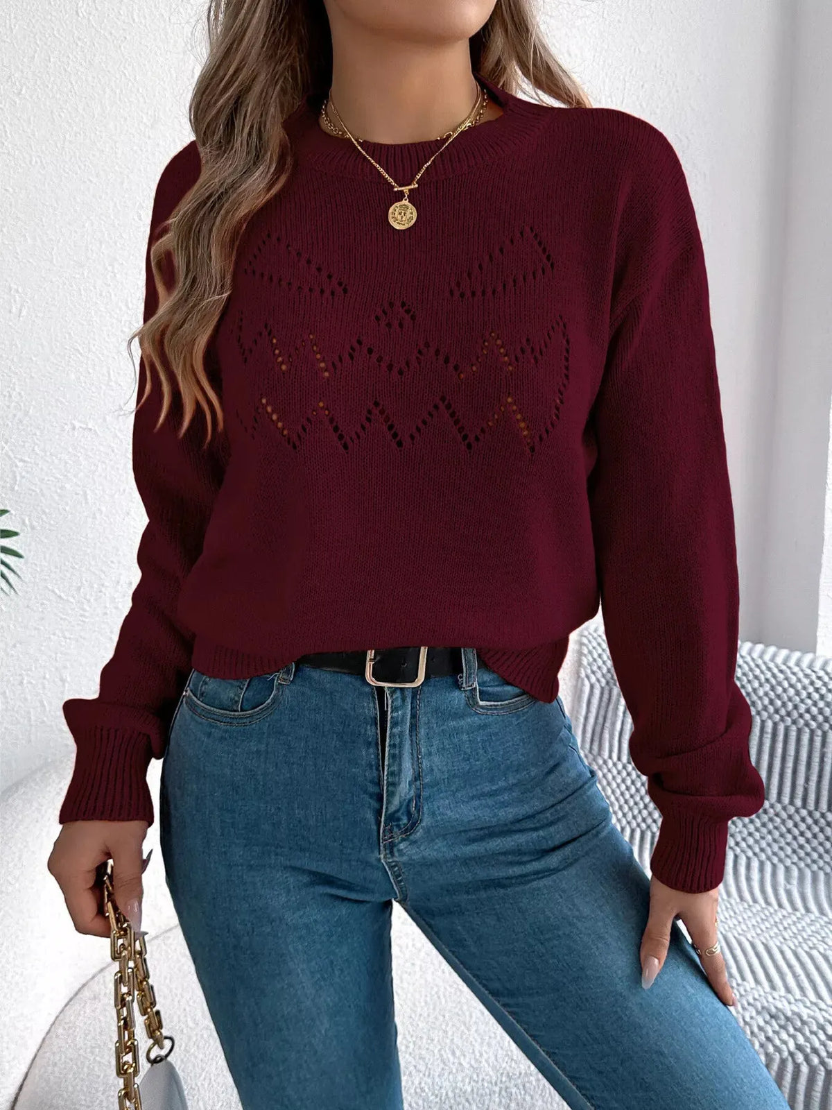 Openwork Round Neck Long Sleeve Sweater