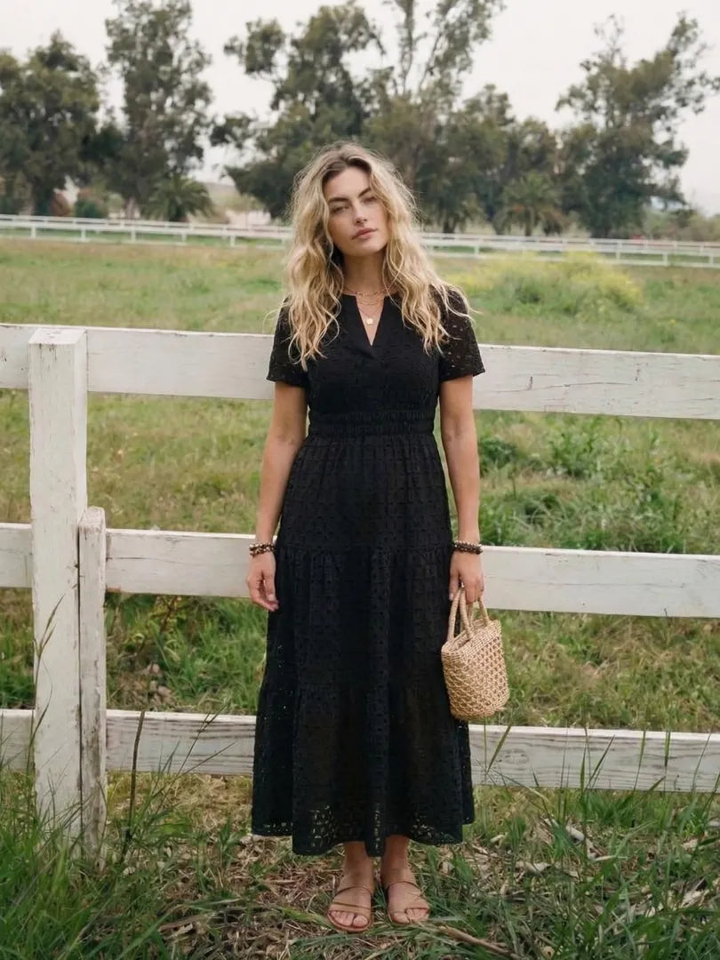 Odelisse | Short Sleeve Eyelet Tiered Midi Dress