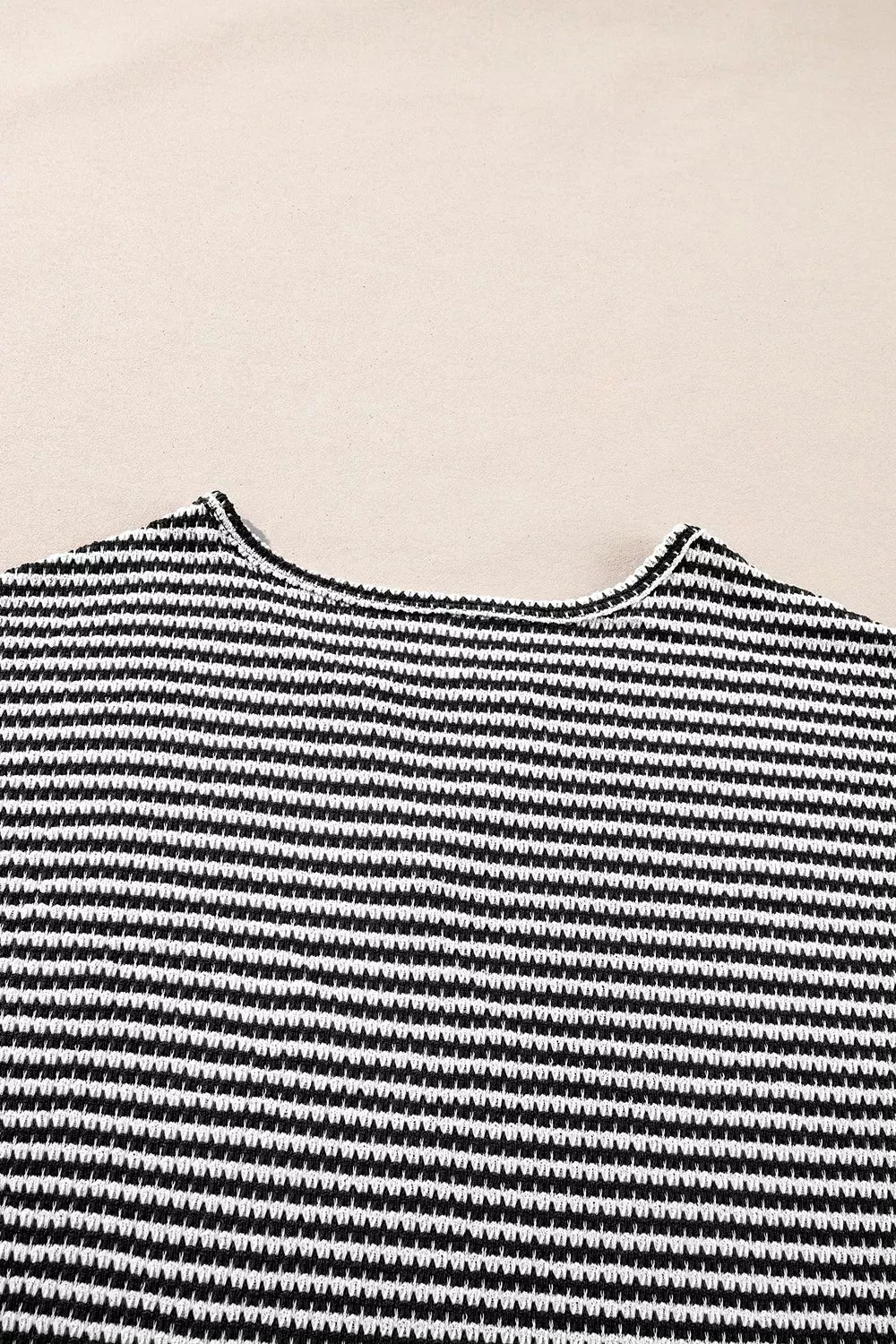 Stripe Textured Knit Notched Neck Cuffed Short Sleeve Top