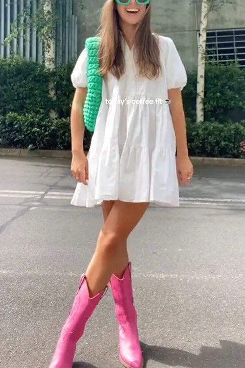 Puff Sleeves Button Down Ruffle Tiered Mini Shirt Dress