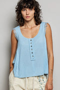 POL Textured Knit Round Neck Tank with Lace Detail