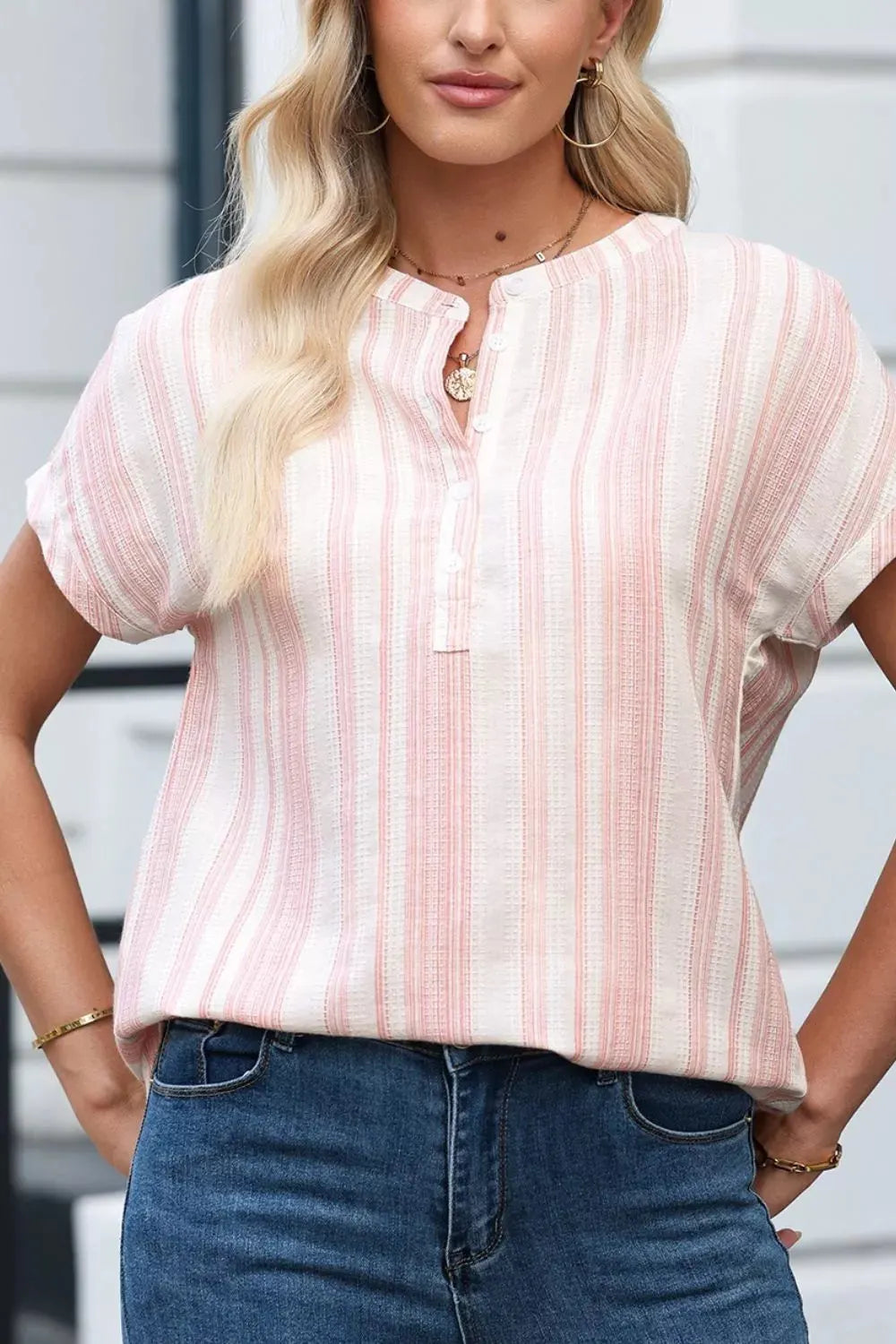 Striped Button Detail Short Sleeve Blouse