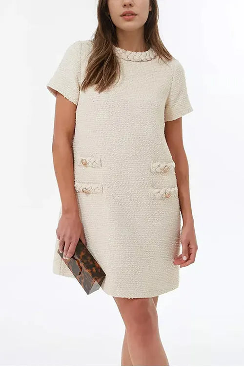 Elegant Crewneck Short Sleeves Buttons Tweed Dress