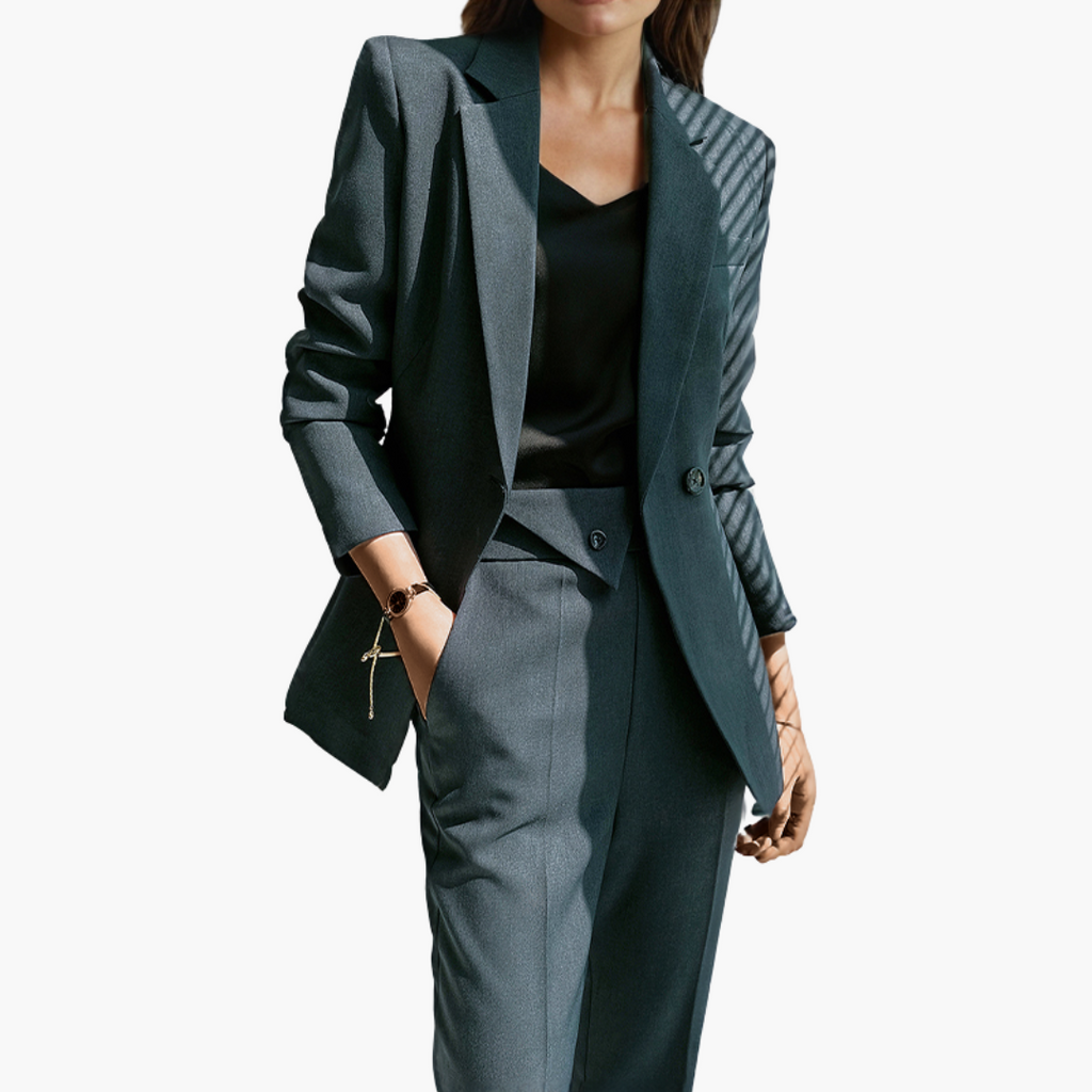 Women's Blazer Set with Single Button and Straight Leg Trousers