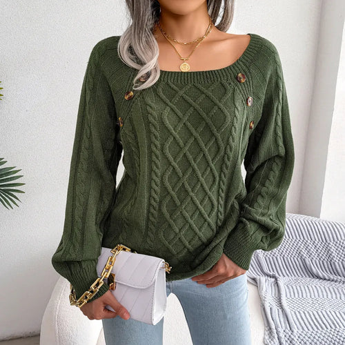 2025 Autumn and Winter Casual Square Collar Nail Button Twist Knitted Pullover Sweater