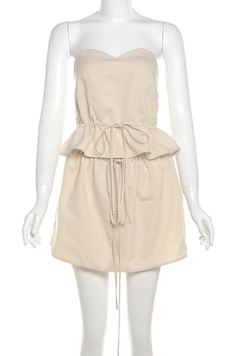 Casual Solid Color Buckle Strap Design Patchwork Ruffle Hem Strapless Sleeveless Two Pieces