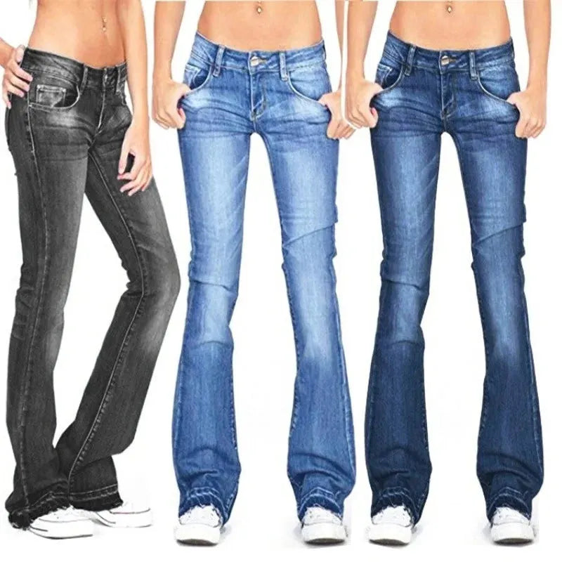 Damen Denim Low-Rise Flared Jeans mit lÃ¤ssigem Vintage-Look & Ausgestelltem Bein |