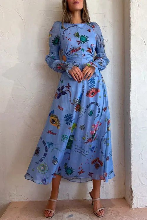 Balloon Long Sleeves Cut Out Graffiti Printed Flowy Midi Dress