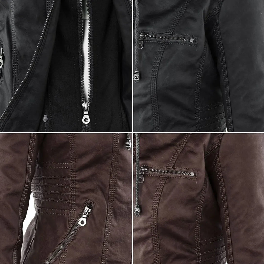 - Damen Lederjacke mit Kapuze
