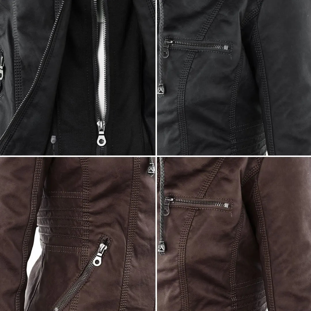 - Damen Lederjacke mit Kapuze